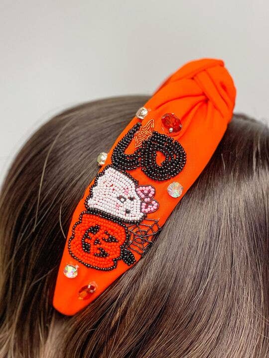 'Boo' Embellished Top Knot Headband - Orange