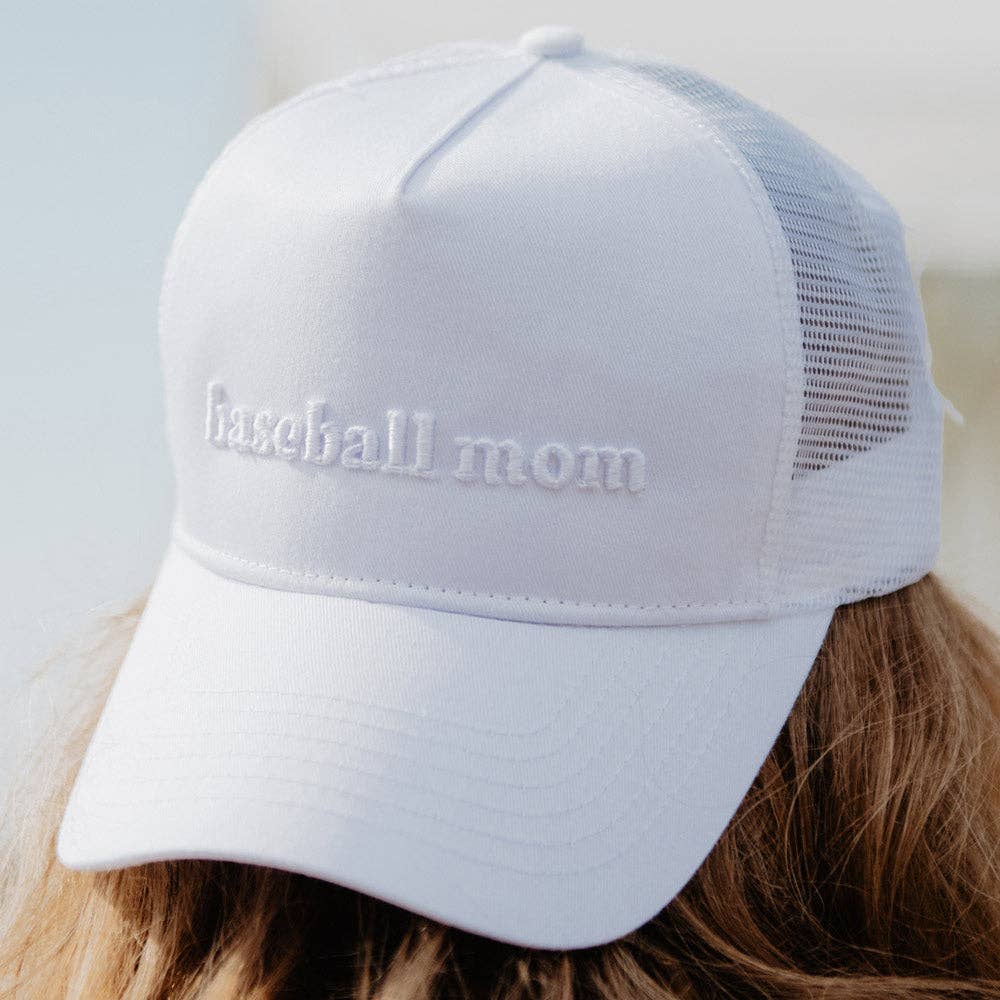 Baseball Mom 3-D Embroidered Trucker Hat: White