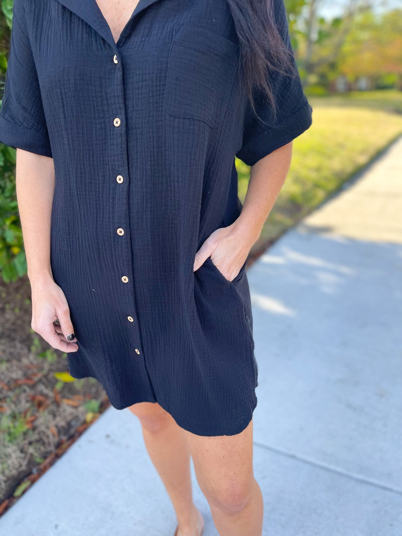 Summertime Black Cutout Back Textured Shirt Dress