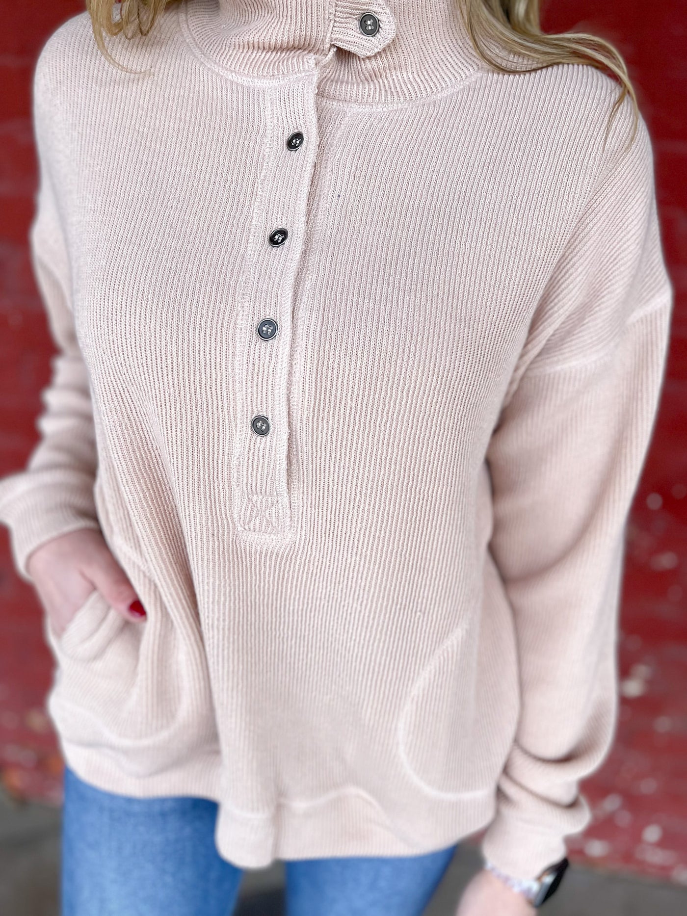 Blaze of Glory Taupe Ribbed Henley Pullover