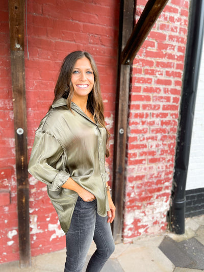 Tonight, Tonight, Tonight Olive Metallic Sheen Button Down Top