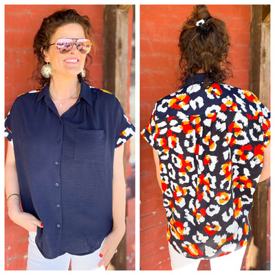 More Than Words Navy Leopard Button Down Top