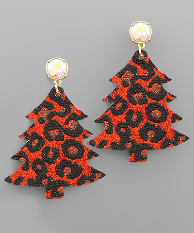 Merry Bead and Glitter Leopard Christmas Tree Earrings