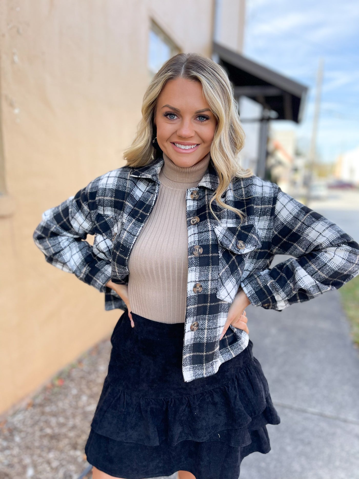 Look Away Black Plaid Crop Shacket