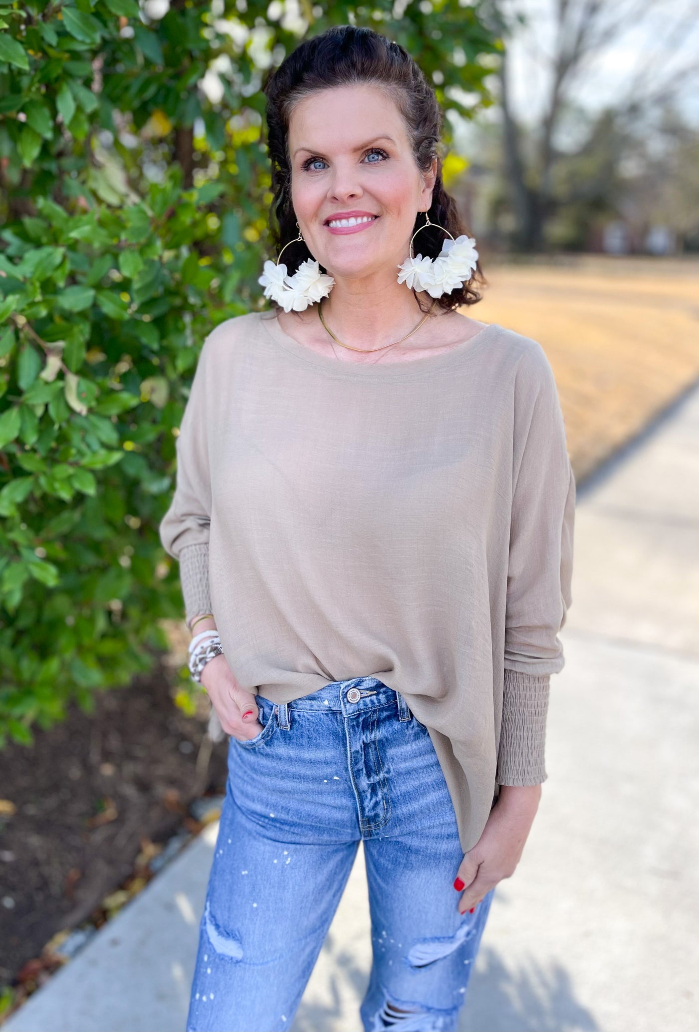 Here and Now Oatmeal Linen Dolman Top