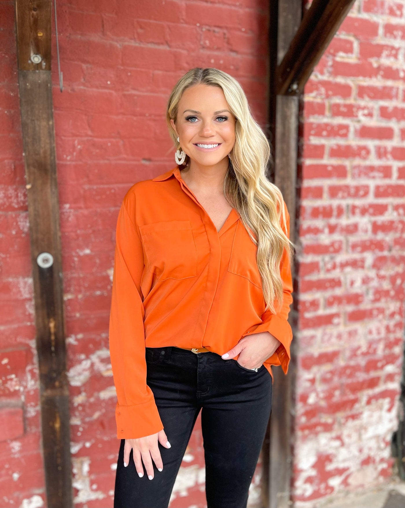Didn't We Almost Have It All Rust Button Down Top FINAL SALE
