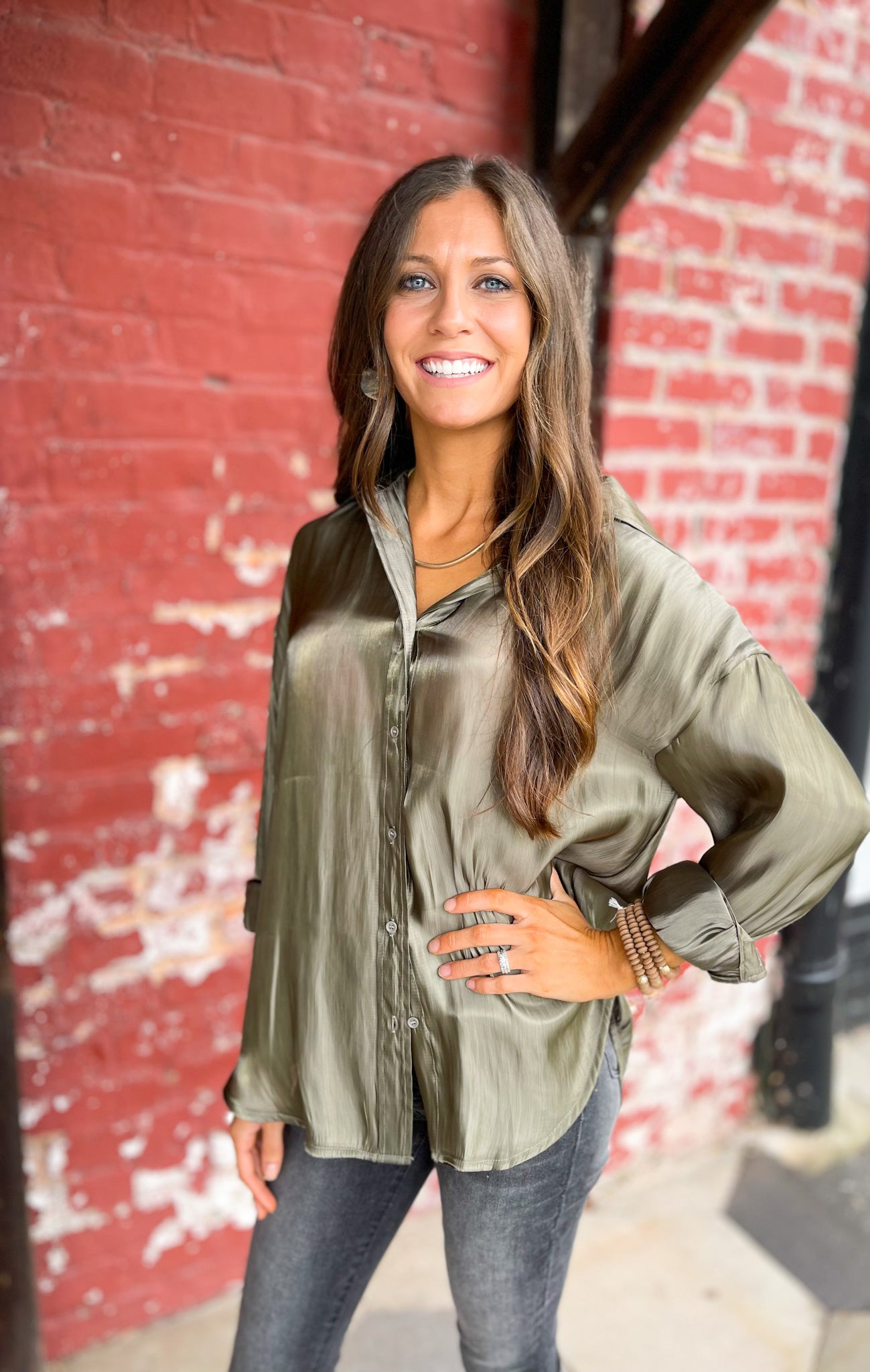 Tonight, Tonight, Tonight Olive Metallic Sheen Button Down Top