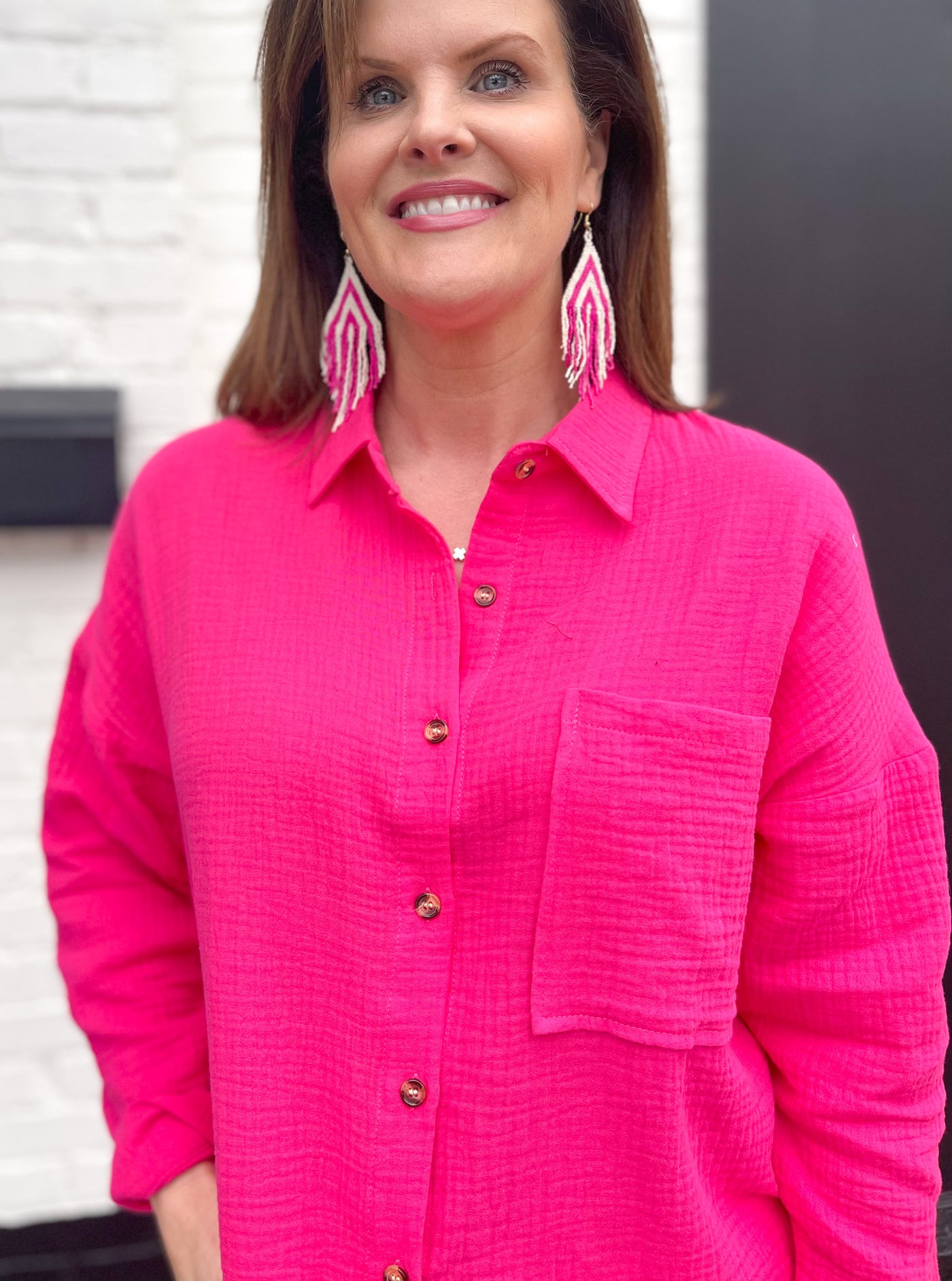 Because I Love You Fuchsia Textured Button Down Top